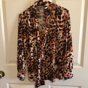 Anne Klein tie-neck blouse in gorgeous orange, tan and brown animal print
